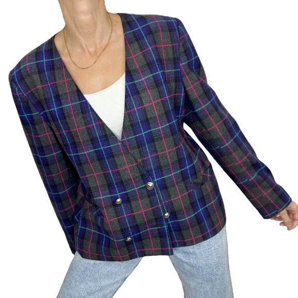 Vintage wool blend boxy purple grey plaid jacket blazer 14 - Picture 3 of 12